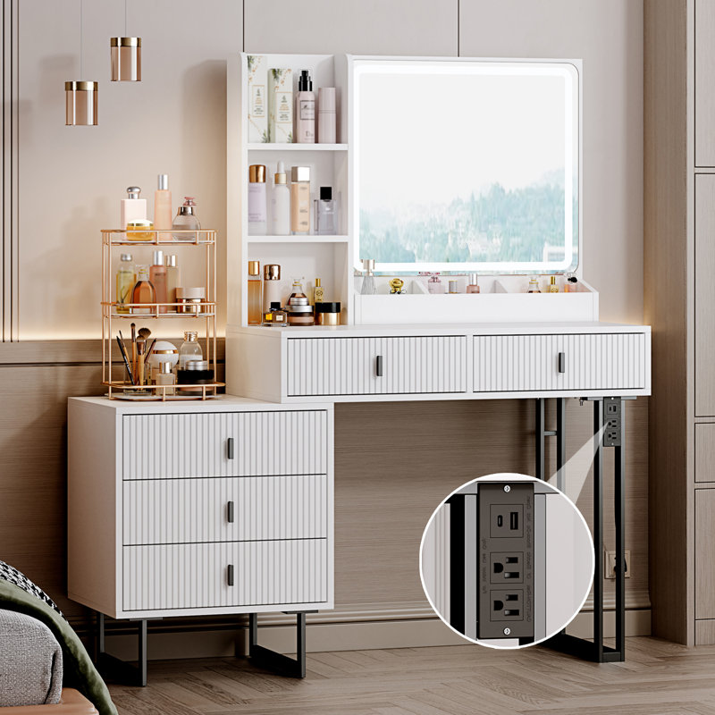 Axelson Makeup Vanity Desk with Large Mirror and Lights Charging Station 3 Lighting Modes Ivy Bronx Color Top Frame Black White